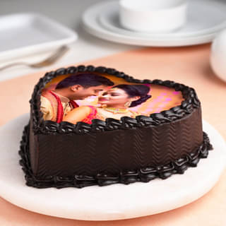 Front View of Heart Shaped Photo Cake for Couple