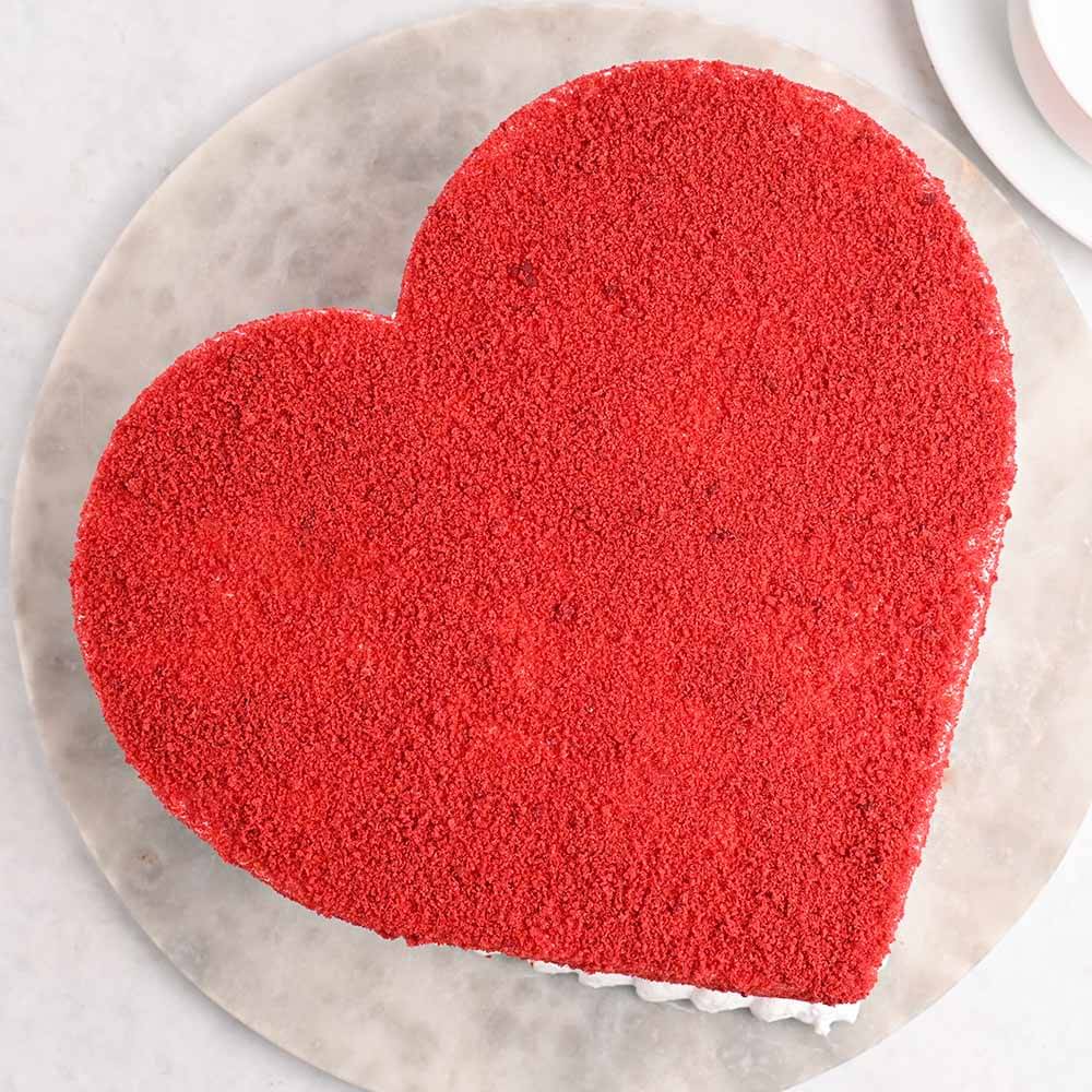Heart Shaped Red Velvet Cake Top View of Heart Shaped Red Velvet Cake