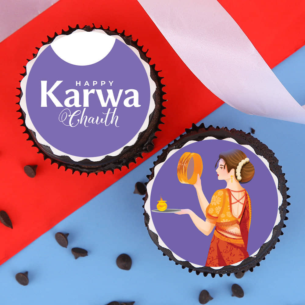 Karwa Chauth Chocolate And Poster Cupcake Treat Top View of Karwa Chauth Chocolate Cupcakes