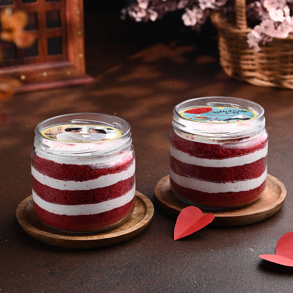 Top View of Love Filled Red Velvet Photo Jar Cake