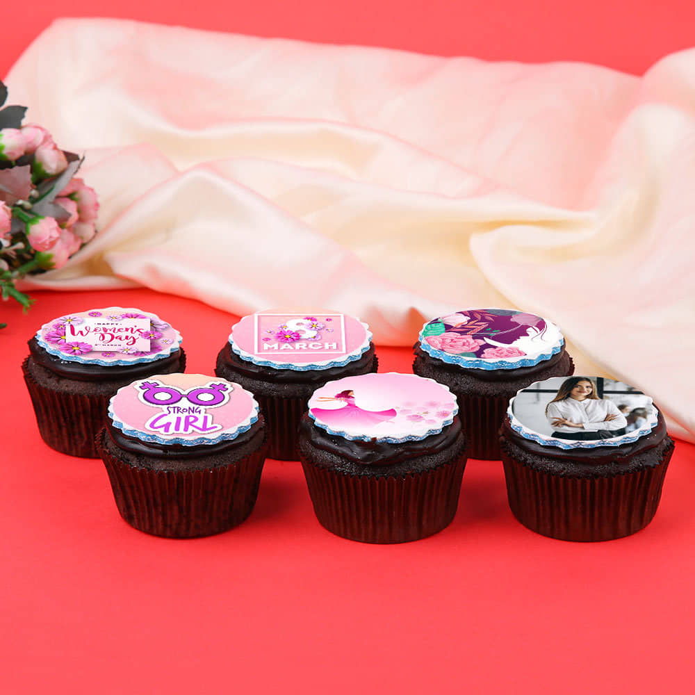Front View Set Of Six Creamy Cupcake for Women's Day