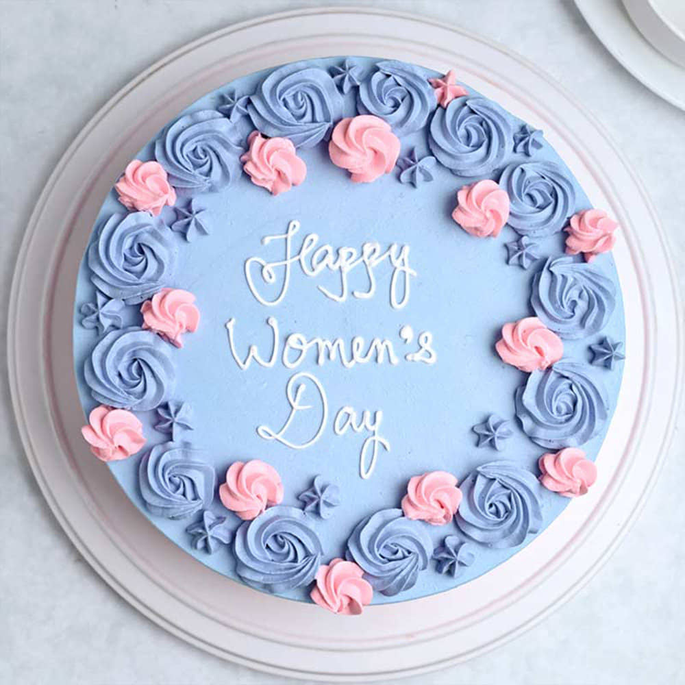 Pinky Blue Strawberry Women’s Day Cake Top View Pink Coral Strawberry Cake for Womens Day