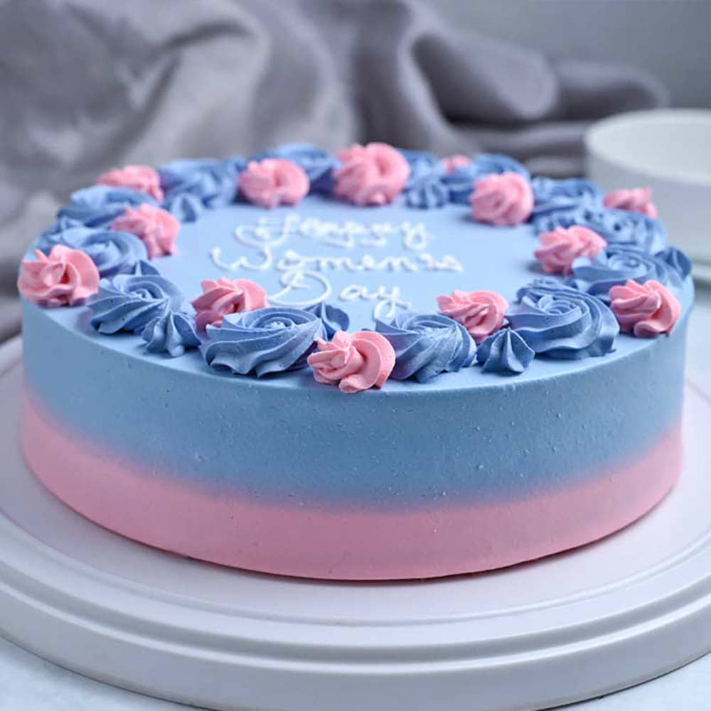 Pinky Blue Strawberry Women’s Day Cake Front View Pink Coral Strawberry Cake for Womens Day