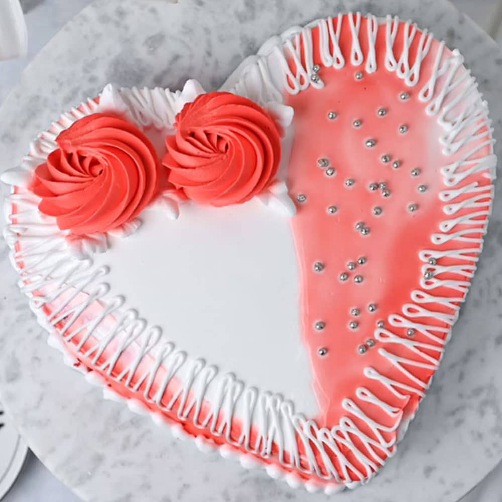 Strawberry Cream Heart Shape Cake Top View of Rose Strawberry Cake