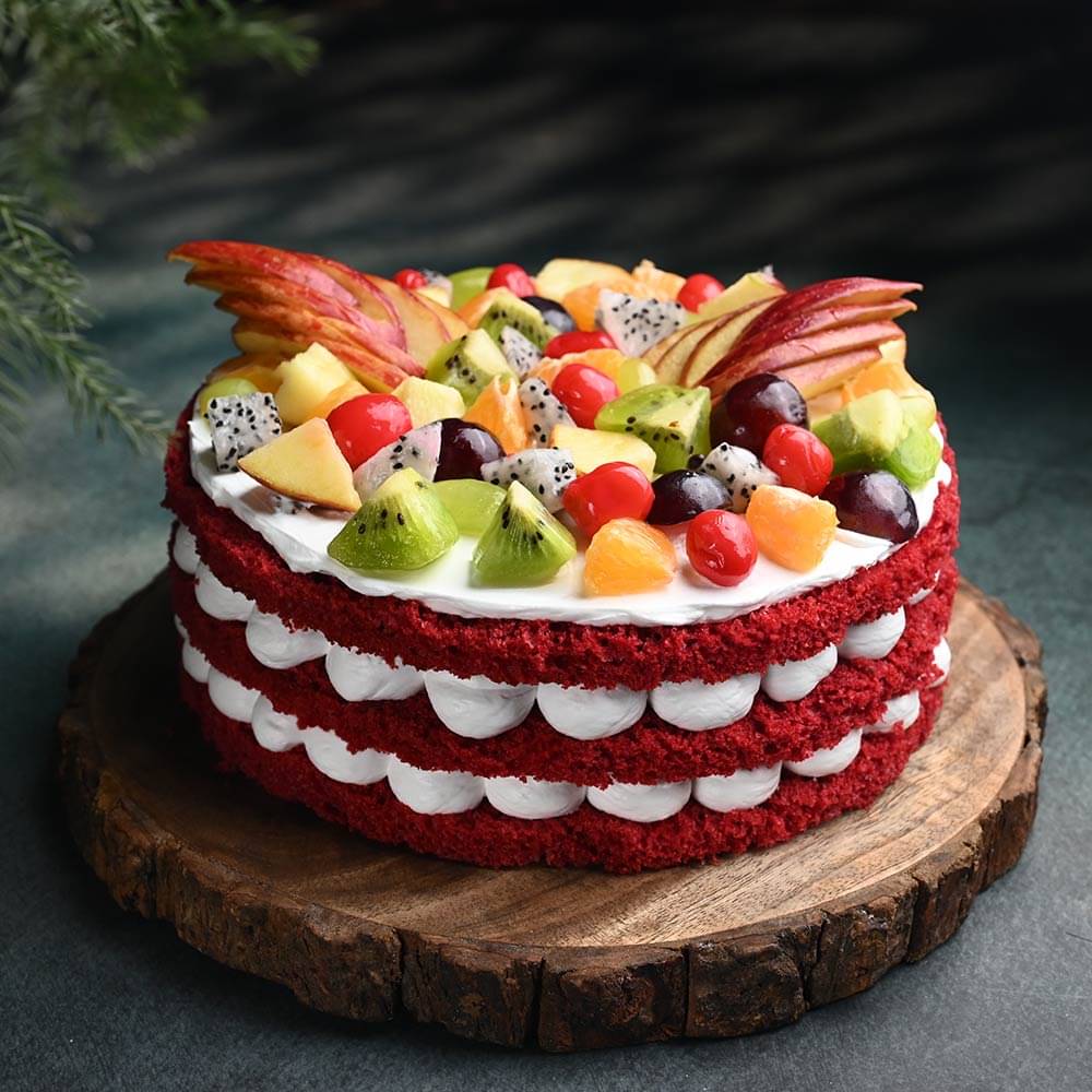 Fresh Fruits Topped Red Velvet Cake