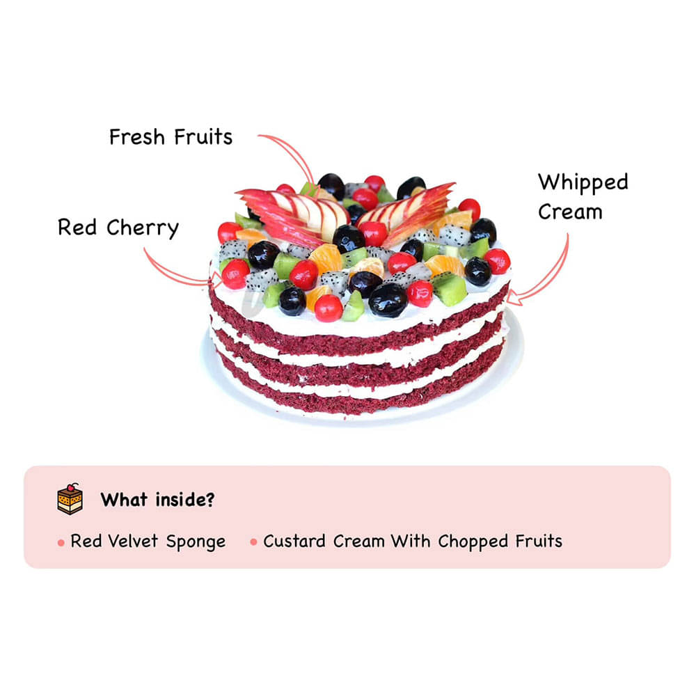 Red Velvet Fruit Cake with ingredients