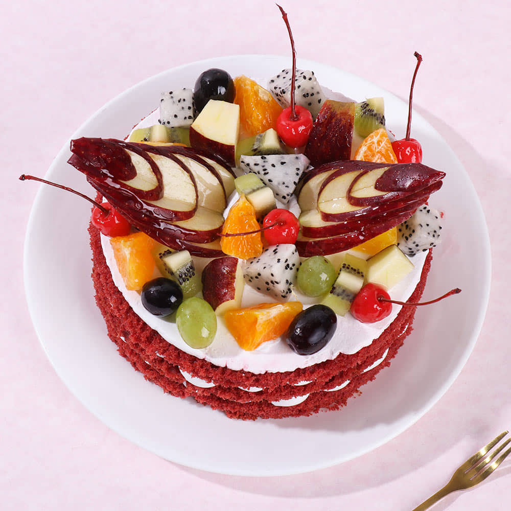 Front View of Red Velvet Fruit Cake