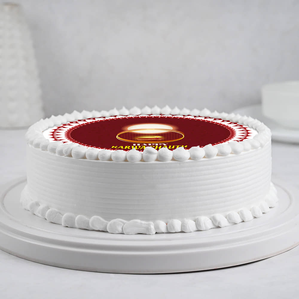 Round Karwa Chauth Poster Cake Side View of Sweet Karwa Chauth Blessing Cake