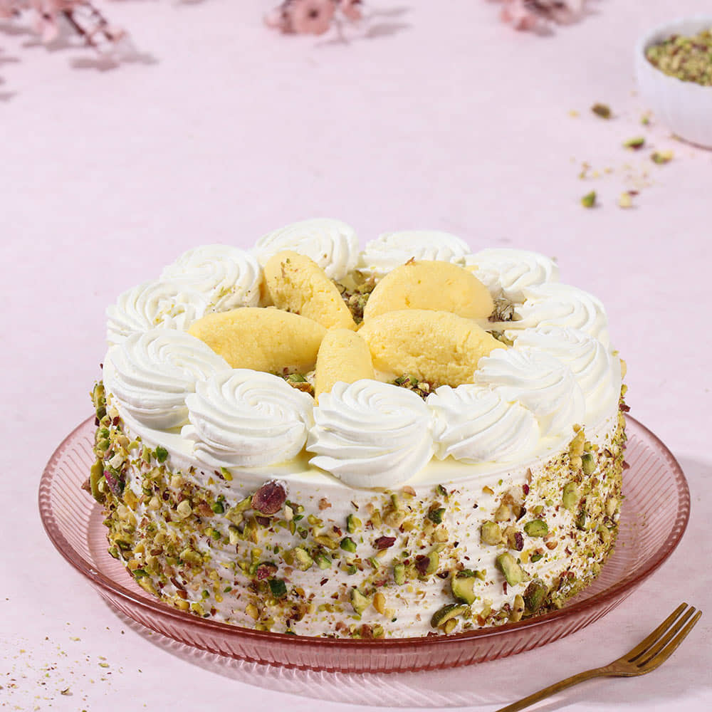 Rasmalai Pista Whipped Cream Cake Top View of Round Luscious Rasmalai Cake