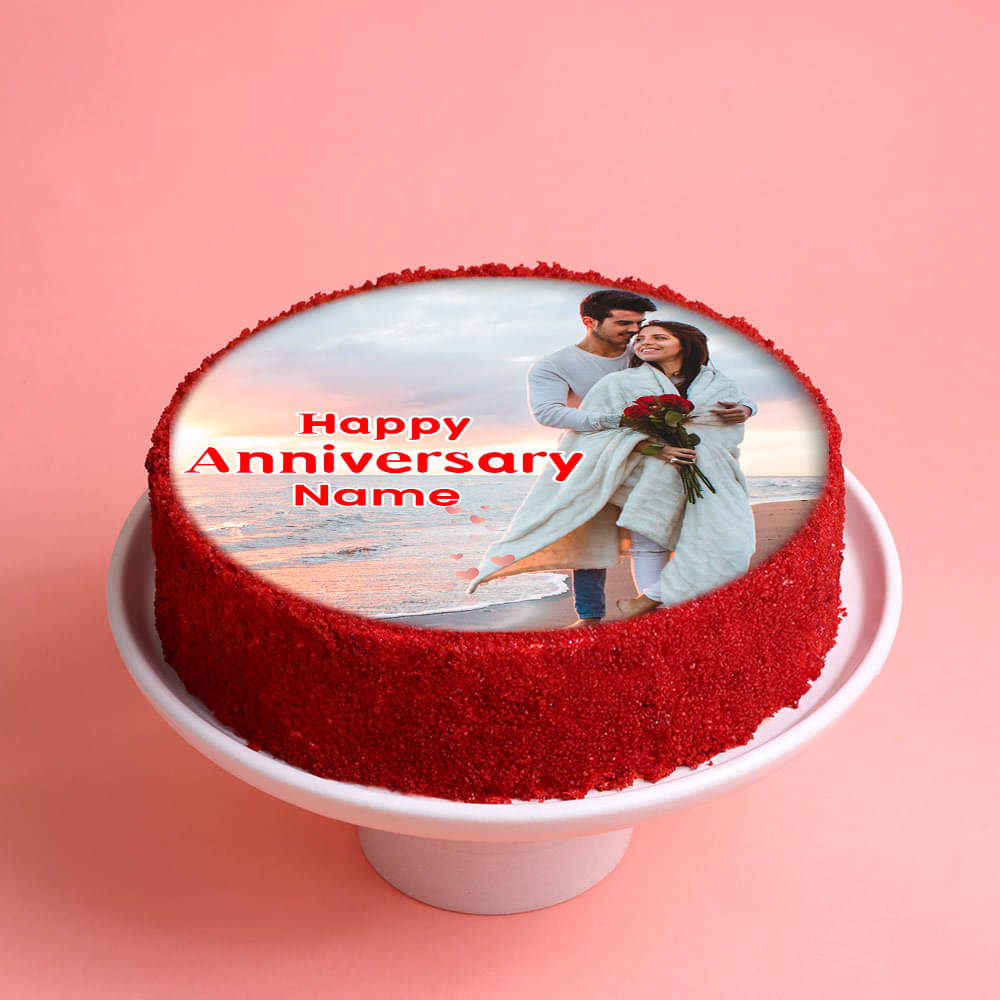 Top View of Red Velvet Photo Cake For Anniversary