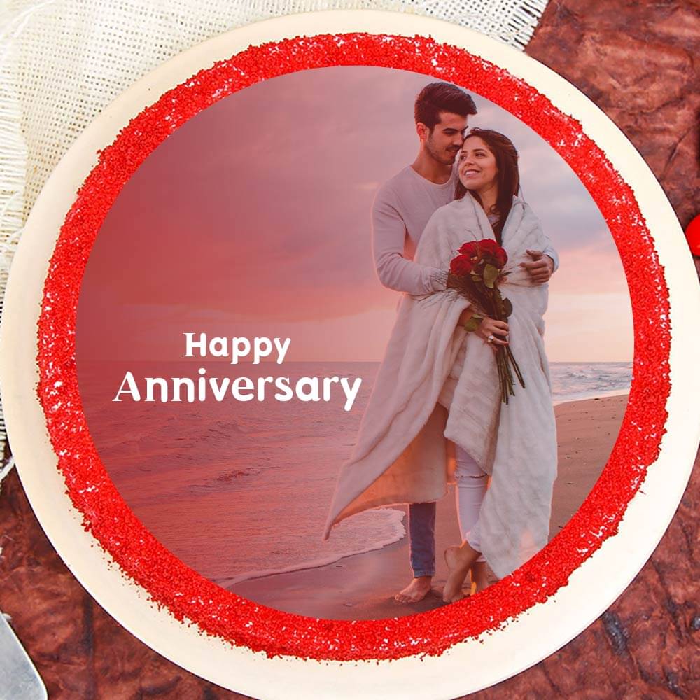 Top View of Red Velvet Photo Cake For Anniversary