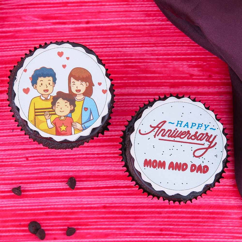 Set of 2 Anniversary Photo Cupcakes Top view of Anniversary Mom Dad Cupcakes