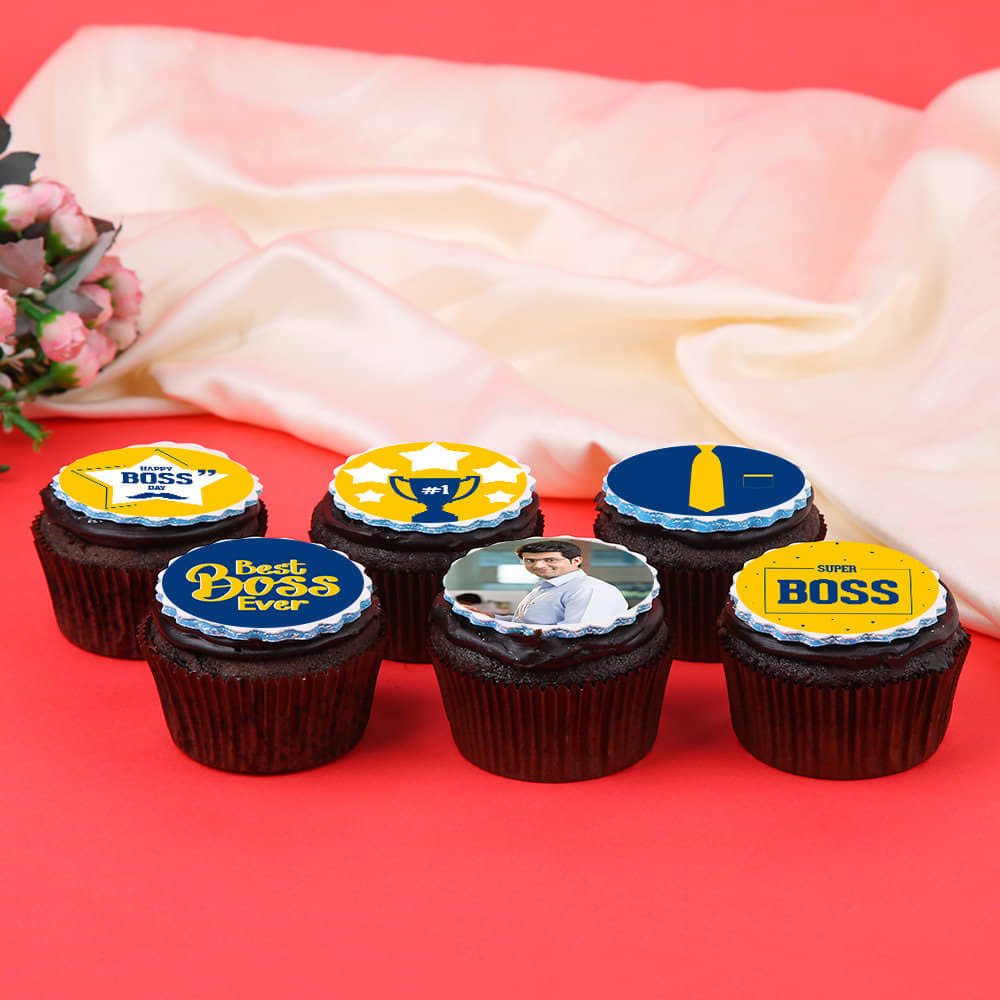 Side View of Boss Day Custom Cupcakes