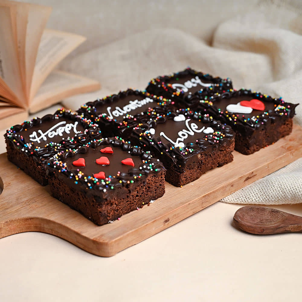 Side View of Set Of 6 Valentine Themed Chocolate Brownies