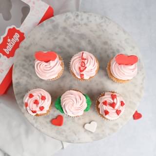Top View of Set of 6 Valentine Themed Vanilla Cupcakes