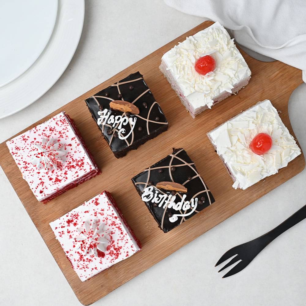 Top View of Six Red Velvet Chocolate and Pineapple Pastries