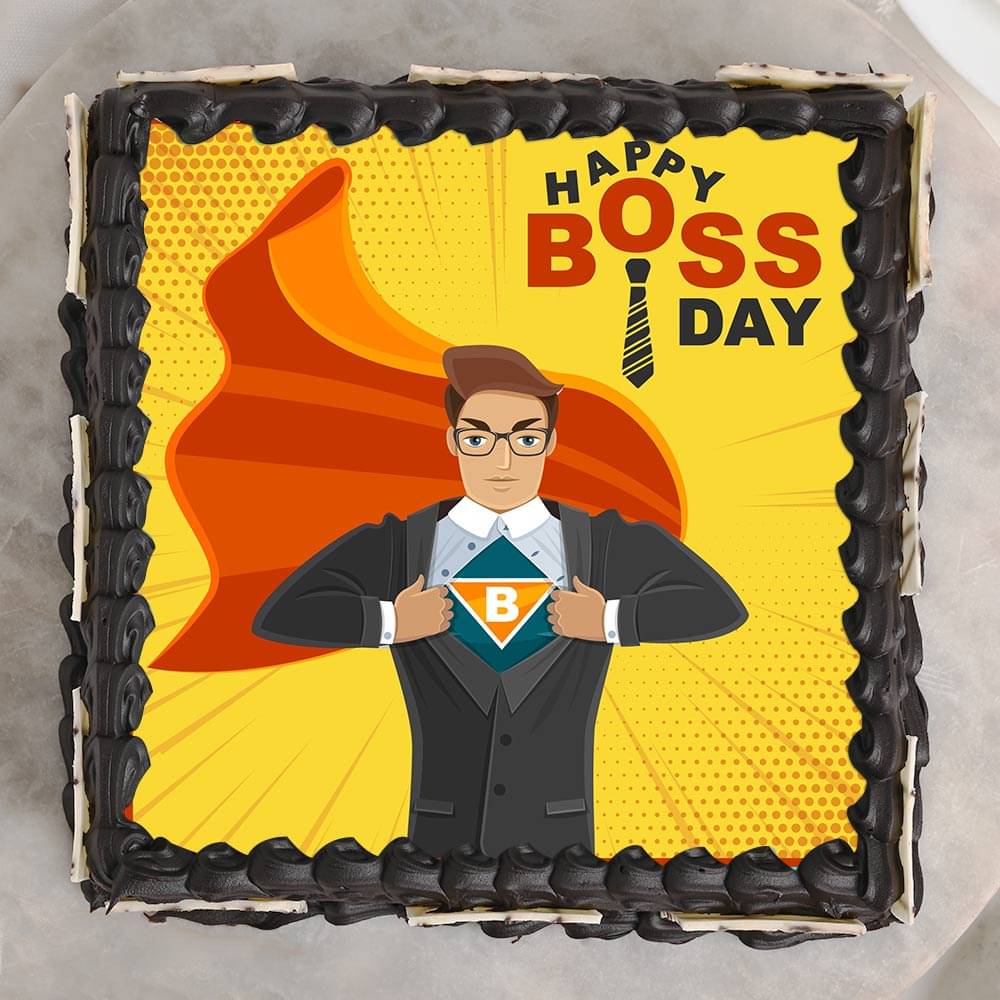 Square Boss Day Poster Cake Top View of Happy Boss Day Poster Cake