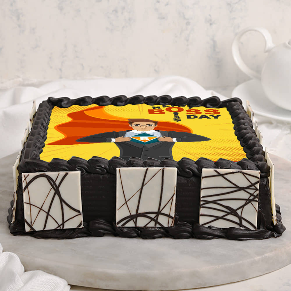 Square Boss Day Poster Cake Front View of Happy Boss Day Poster Cake
