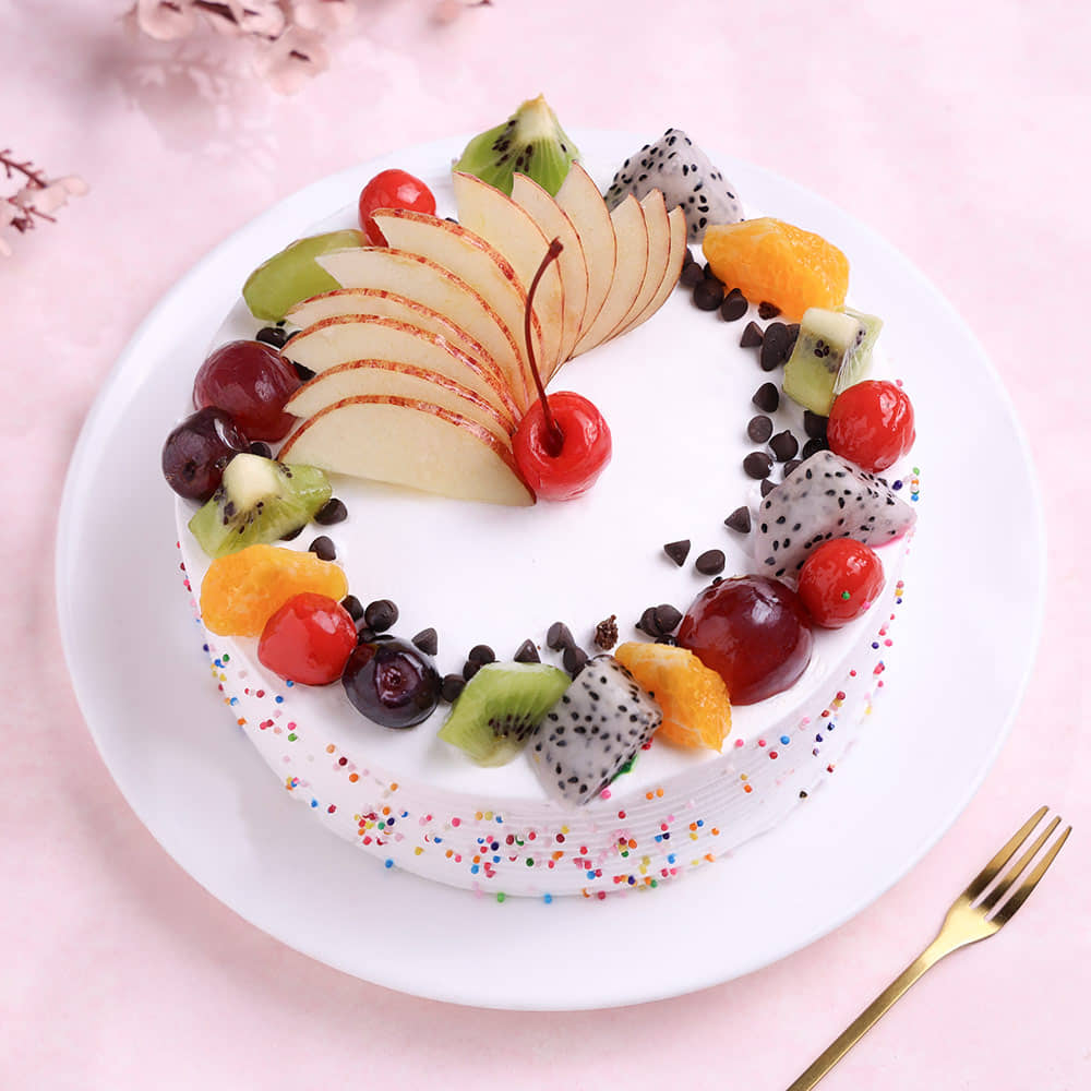 Top View of Fruits & Sprinkles Vanilla Cake