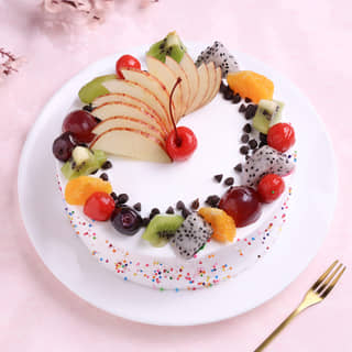 Top View of Fruits & Sprinkles Vanilla Cake