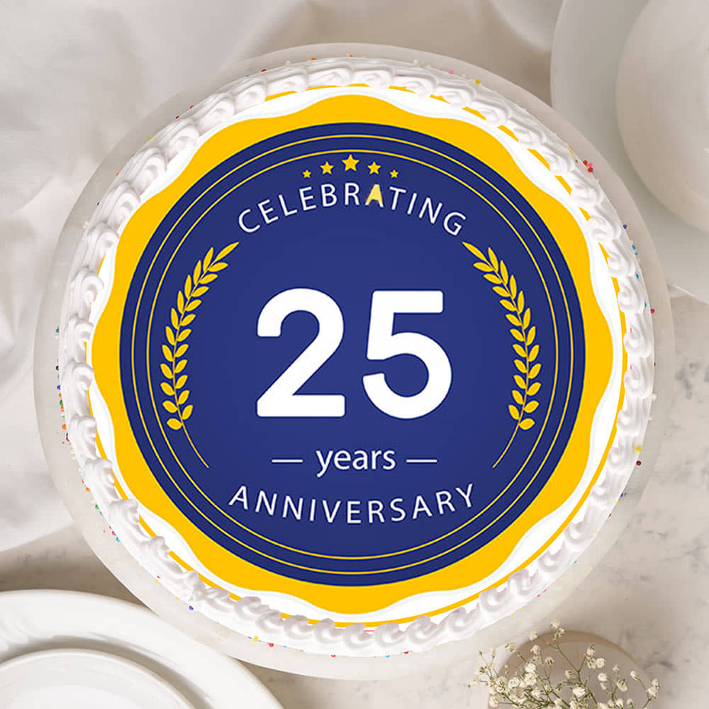 Round-Shaped 25th Anniversary Poster Cake Top view of Silver Jubilee Poster Cake