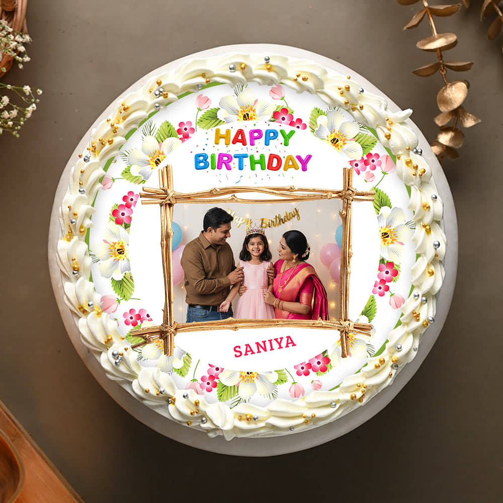 Top View of Floral Birthday Photo Cake