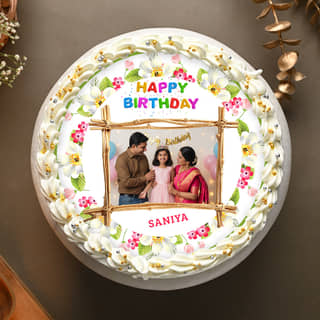 Top View of Floral Birthday Photo Cake