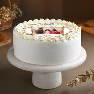 Lateral View of Floral Birthday Photo Cake