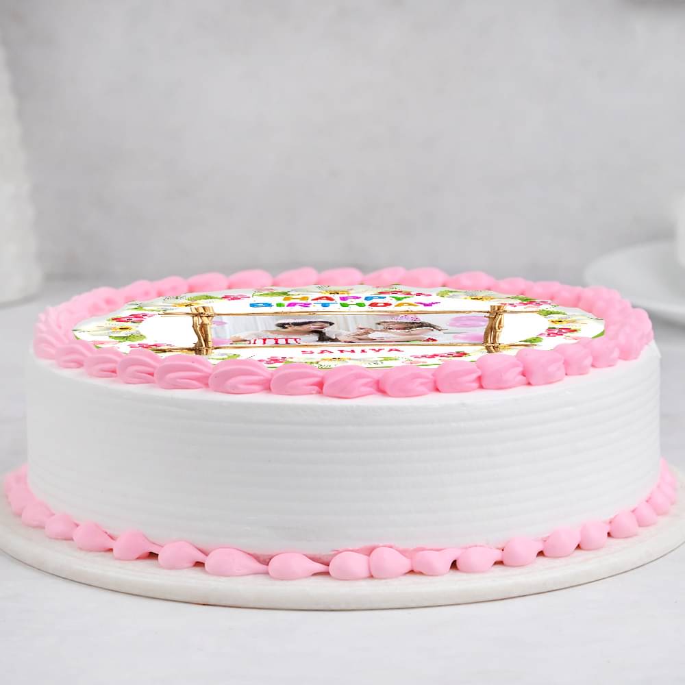Lateral View of Floral Birthday Photo Cake