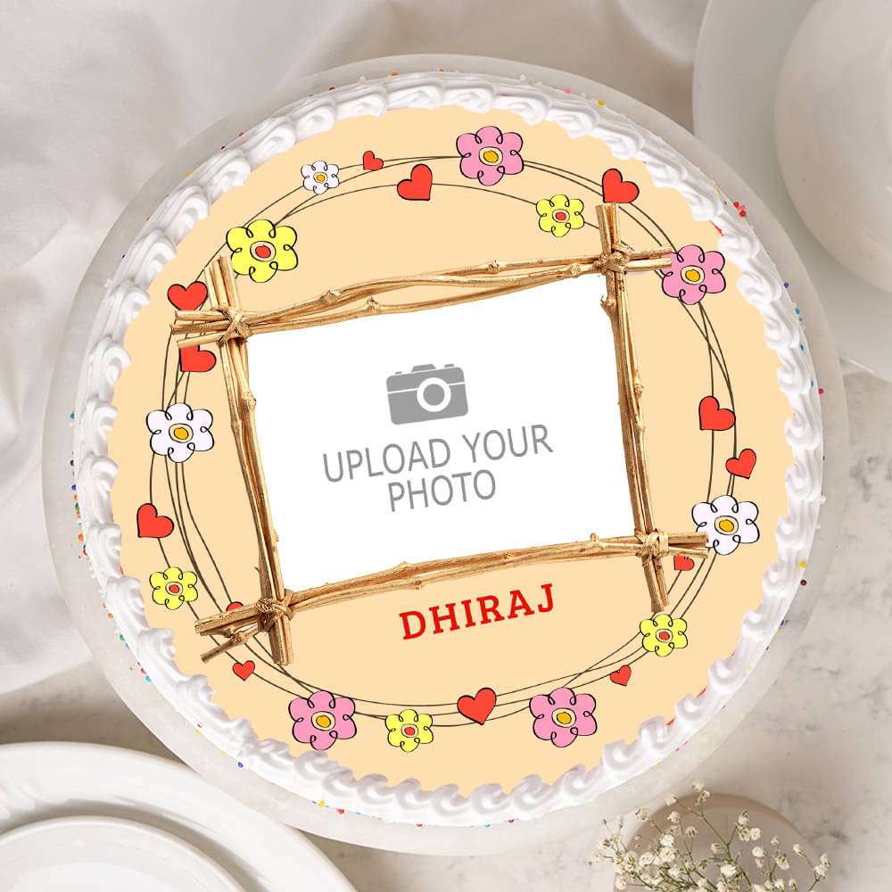 Birthday Photo Cake 1 Round Shape Top View of Floral Heart Round Shape Birthday Photo Cake