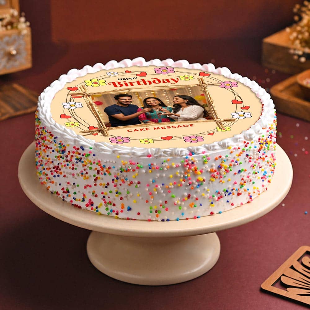 Floral Heart Round Shape Birthday Photo Cake