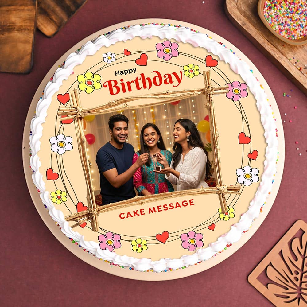 Floral Heart Round Shape Birthday Photo Cake