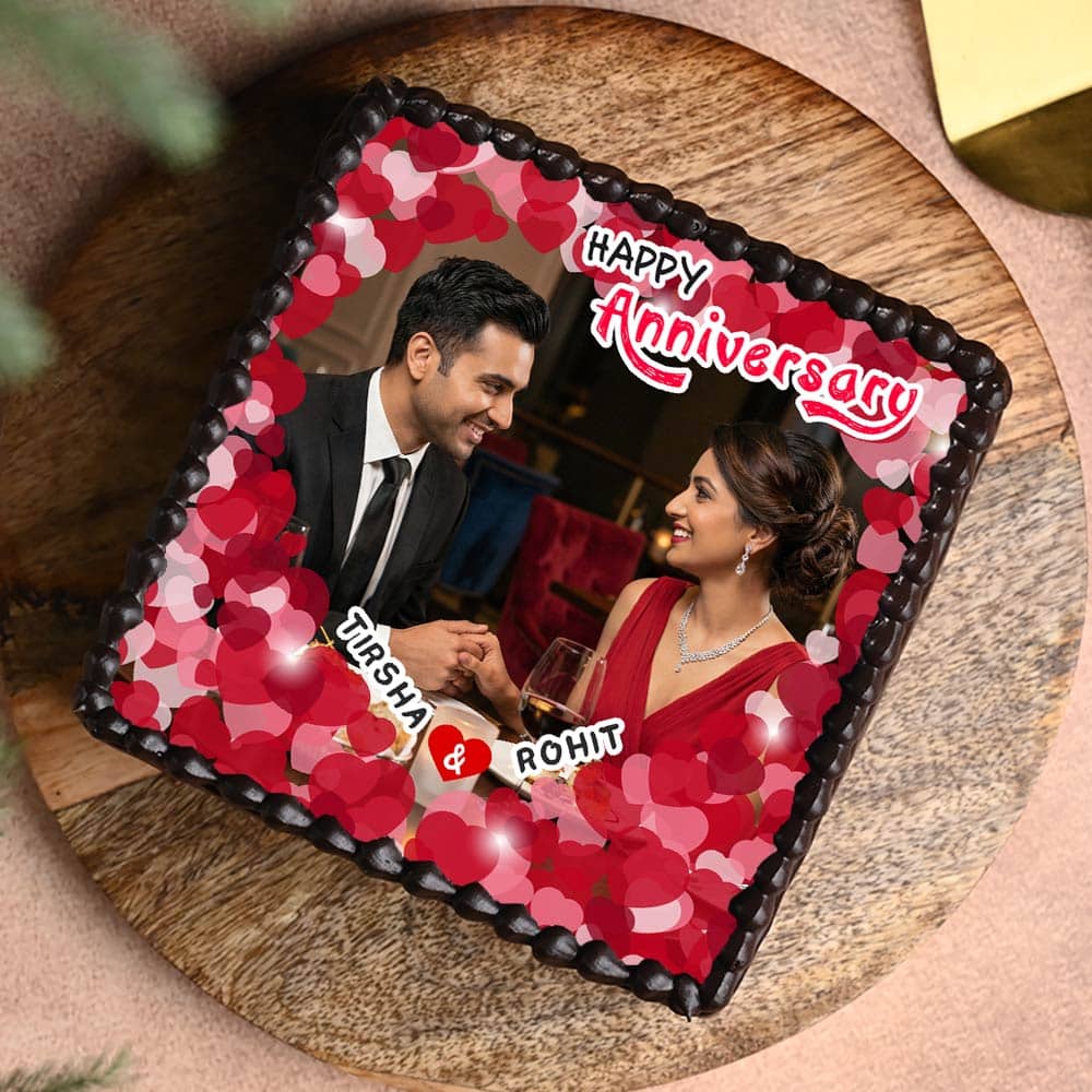 Top View of Hearti-liciously yours - Rectangle Shape Anniversary Photo Cake