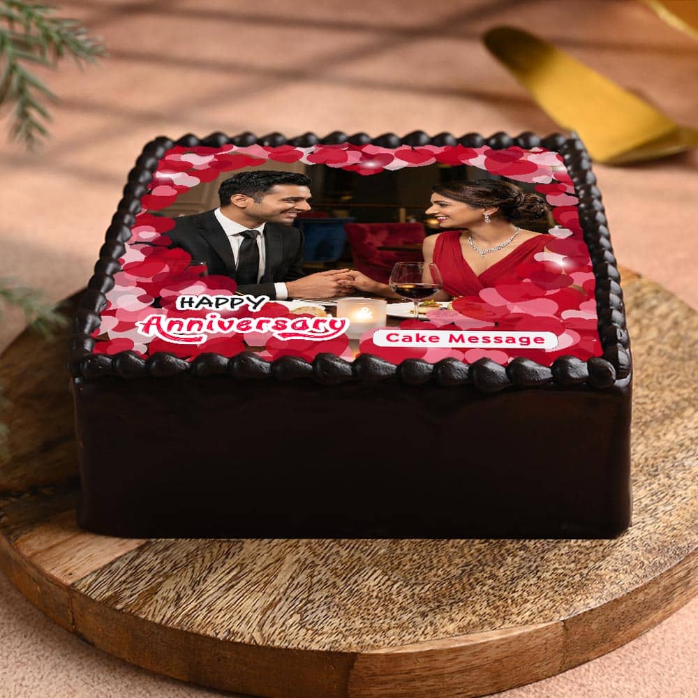 Happy Anniversary Chocolate Photo Cake Side View of Hearti-liciously yours - Rectangle Shape Anniversary Photo Cake