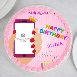 Lateral View of Selfie Queen Birthday Photo Cake For Girl