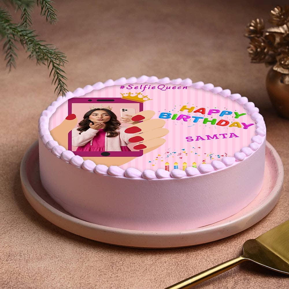 Side View of Selfie Queen Birthday Photo Cake For Girl
