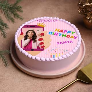 Lateral View of Selfie Queen Birthday Photo Cake For Girl
