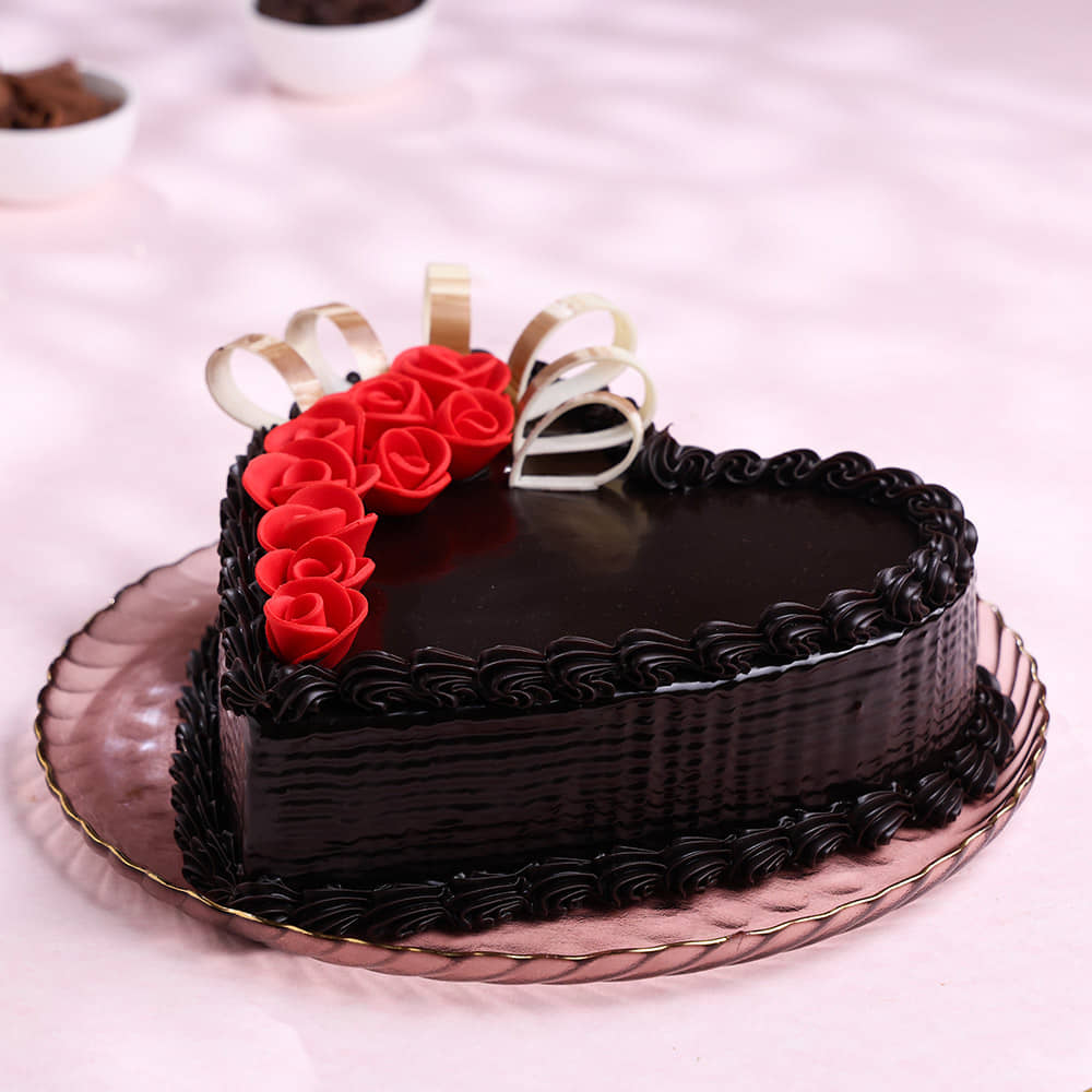 Rosey Heart Choco Truffle Cake Top View of Heart Shaped Choco Truffle Cake