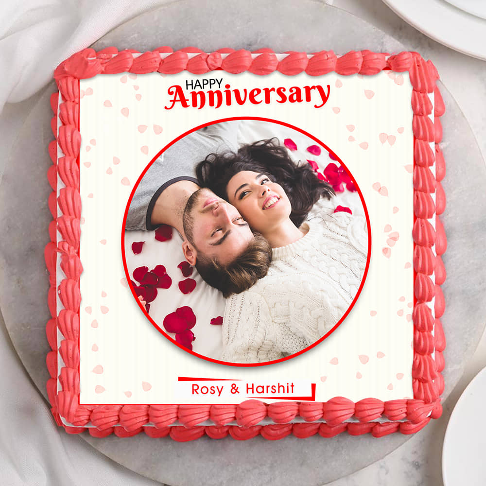 Anniversary Photo Cake 14 Square Shape Top View of Now And Always marriage anniversary photo cake