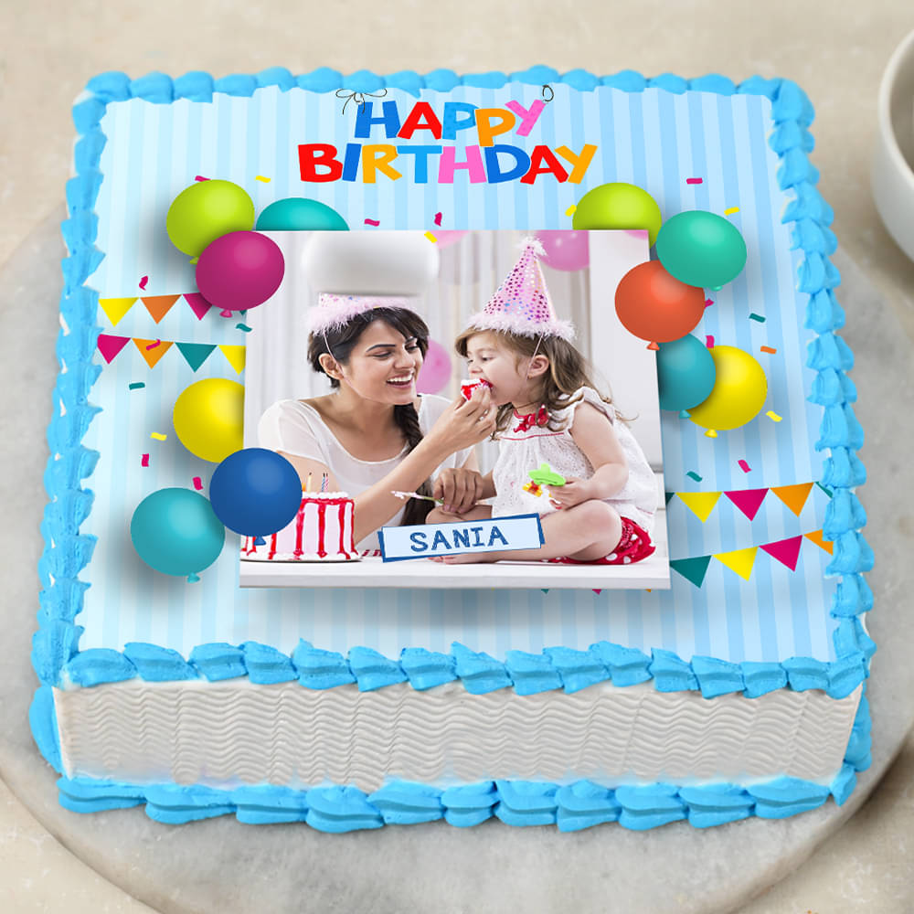 Blue Birthday Cake Rectangle With Name And Photo