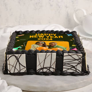 Front View Square Shaped New Year Photo Cake