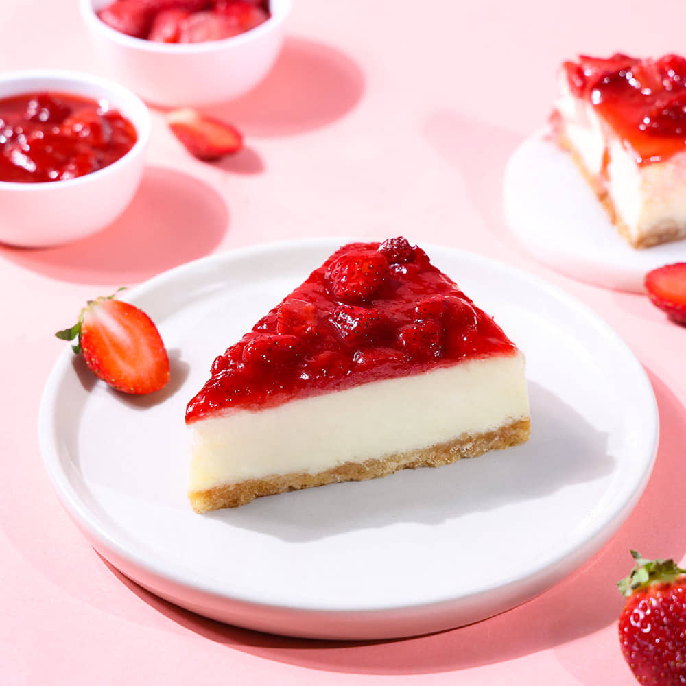 Strawberry Baked Cheesecake Slice Top View of Strawberry Baked Cheesecake