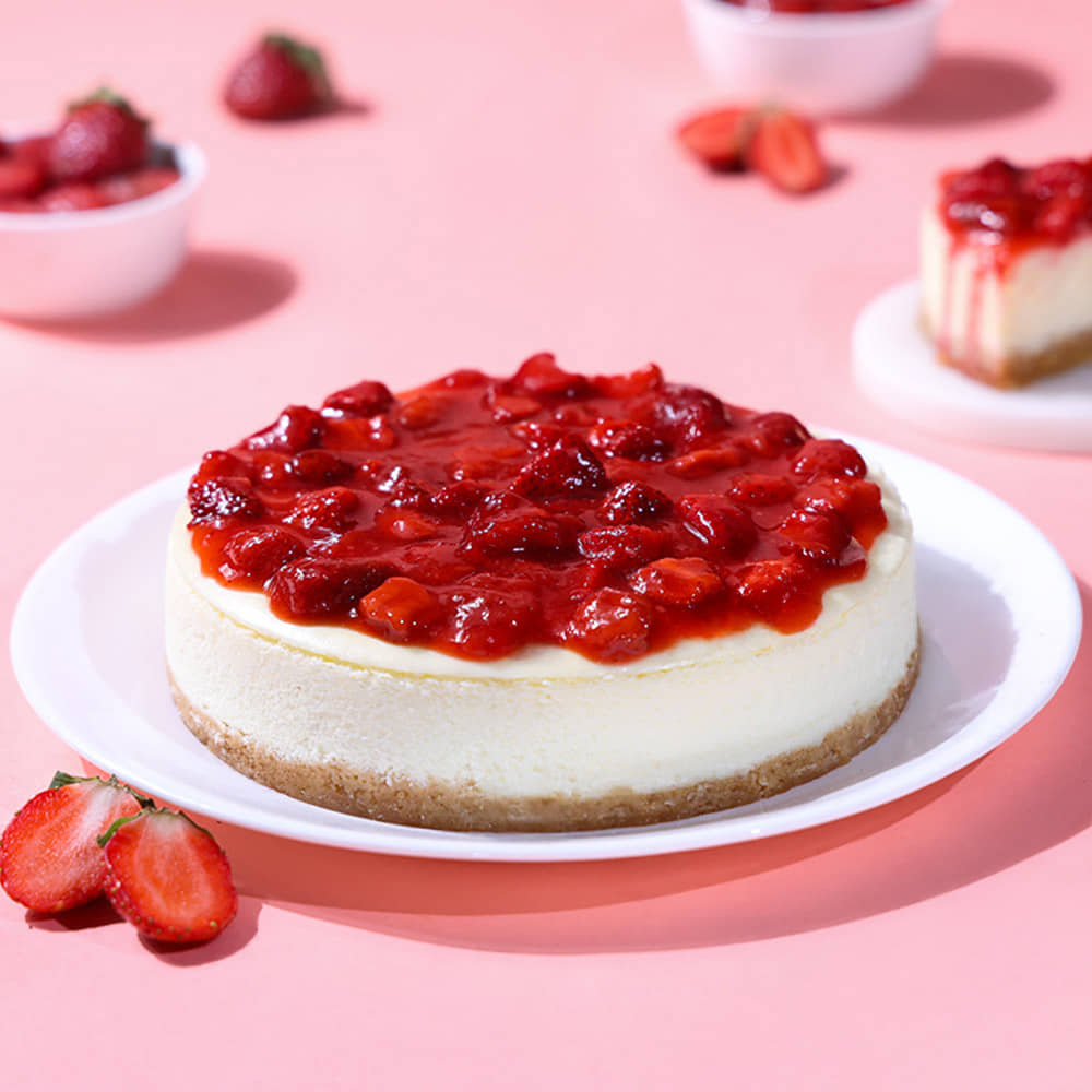 Strawberry Baked Cheesecake Side View of Strawberry Cheesecake