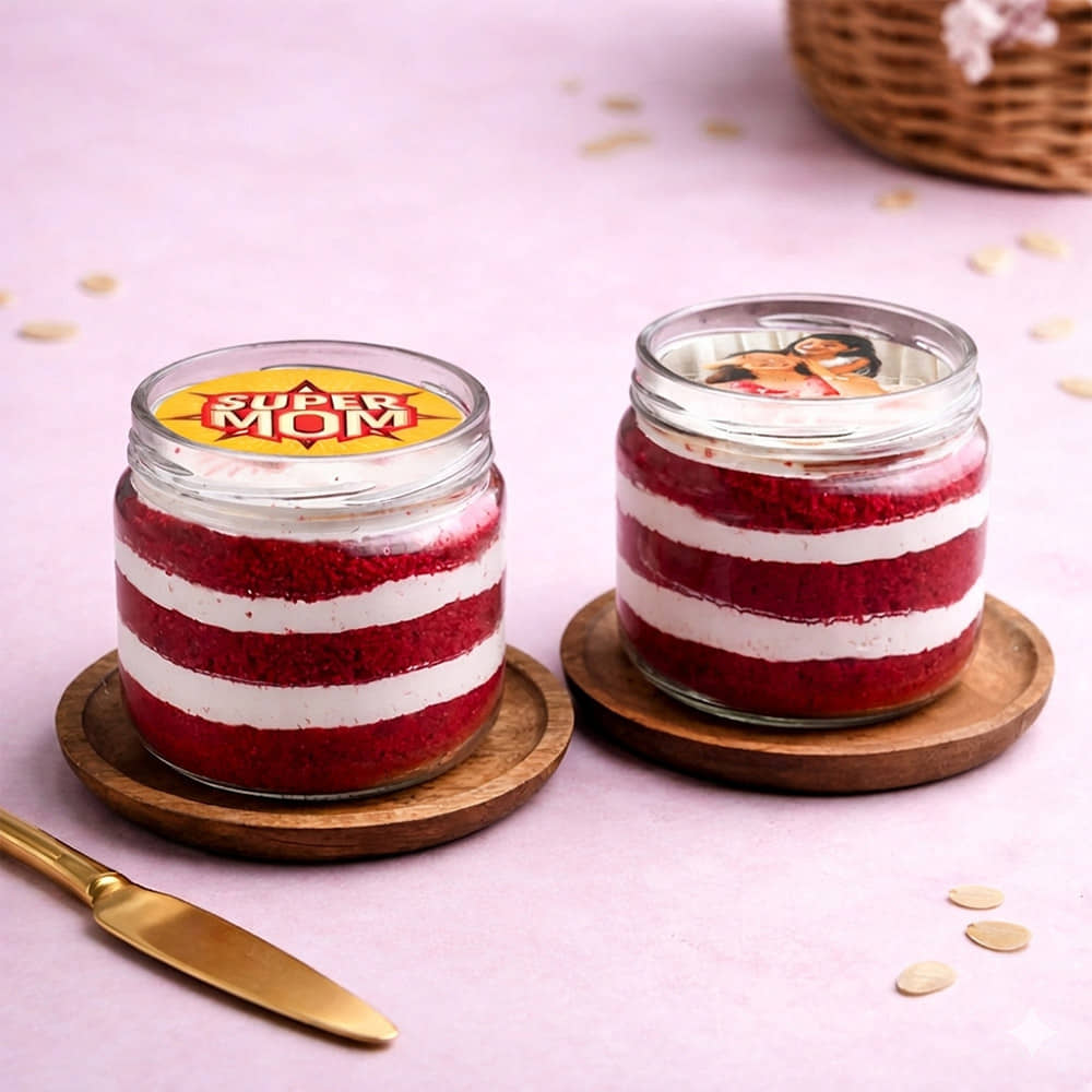 Top View Super Mom Red Velvet Photo Jar Cakes