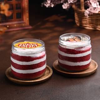 Front View Super Mom Red Velvet Photo Jar Cakes