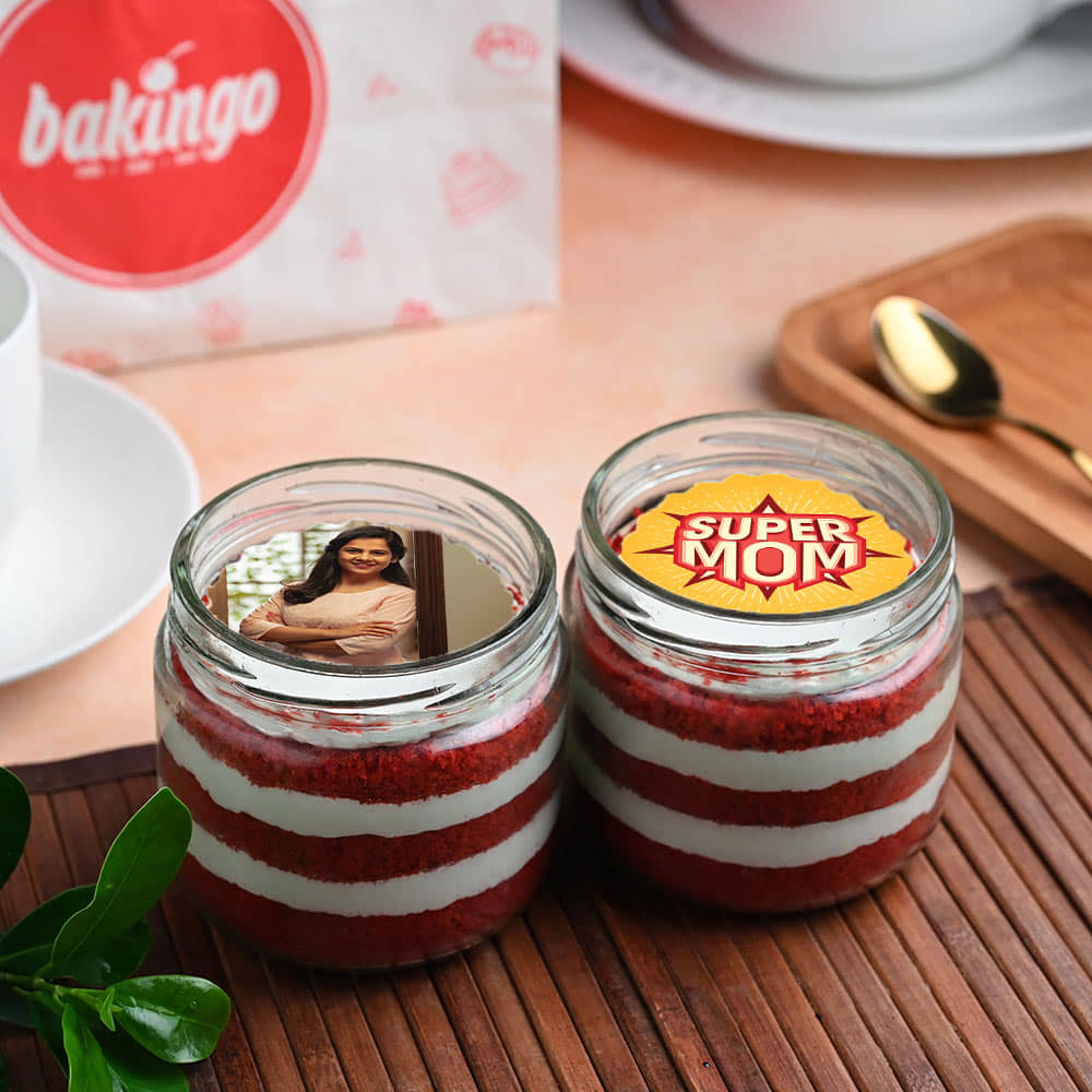 Front View Super Mom Red Velvet Photo Jar Cakes