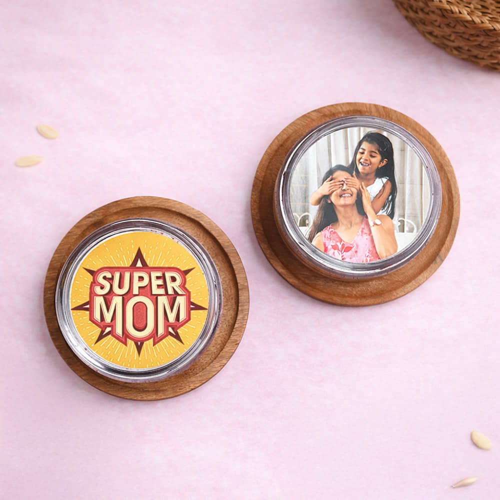 Front View Super Mom Red Velvet Photo Jar Cakes
