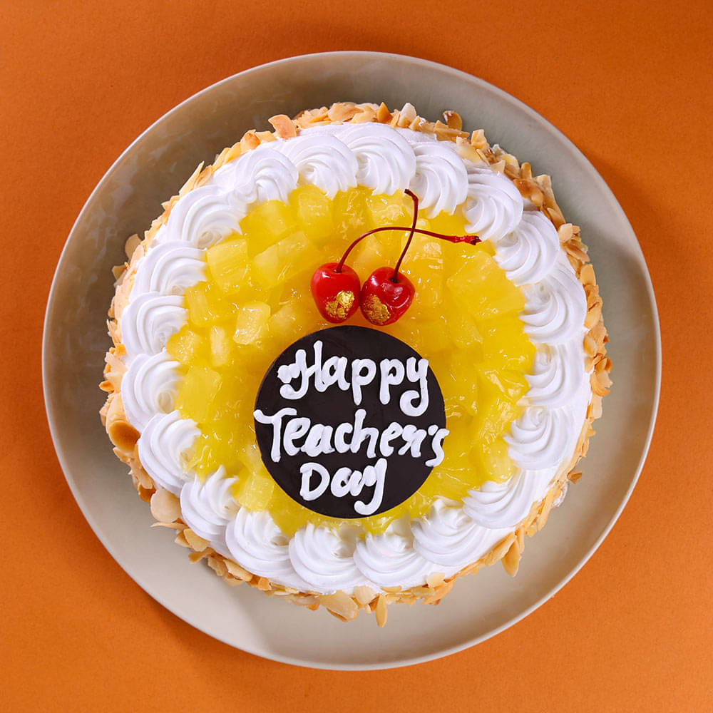 Front View of Teacher Day Pineapple Cream Cake