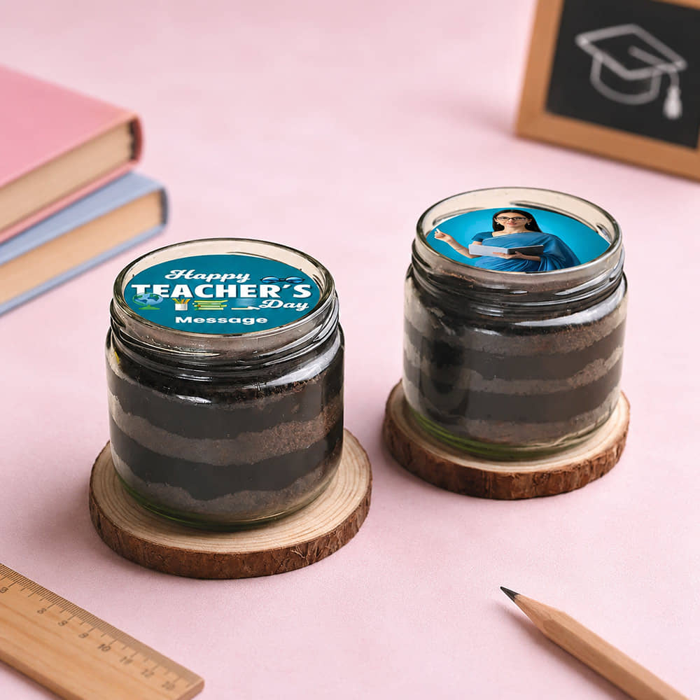 Front View of Teachers Day Chocolate Photo Jar Cakes