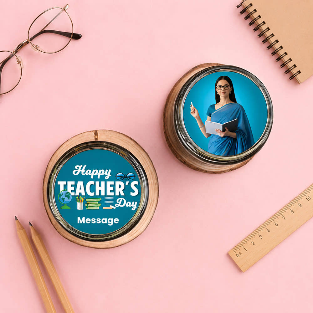 Side View of Teachers Day Chocolate Photo Jar Cakes